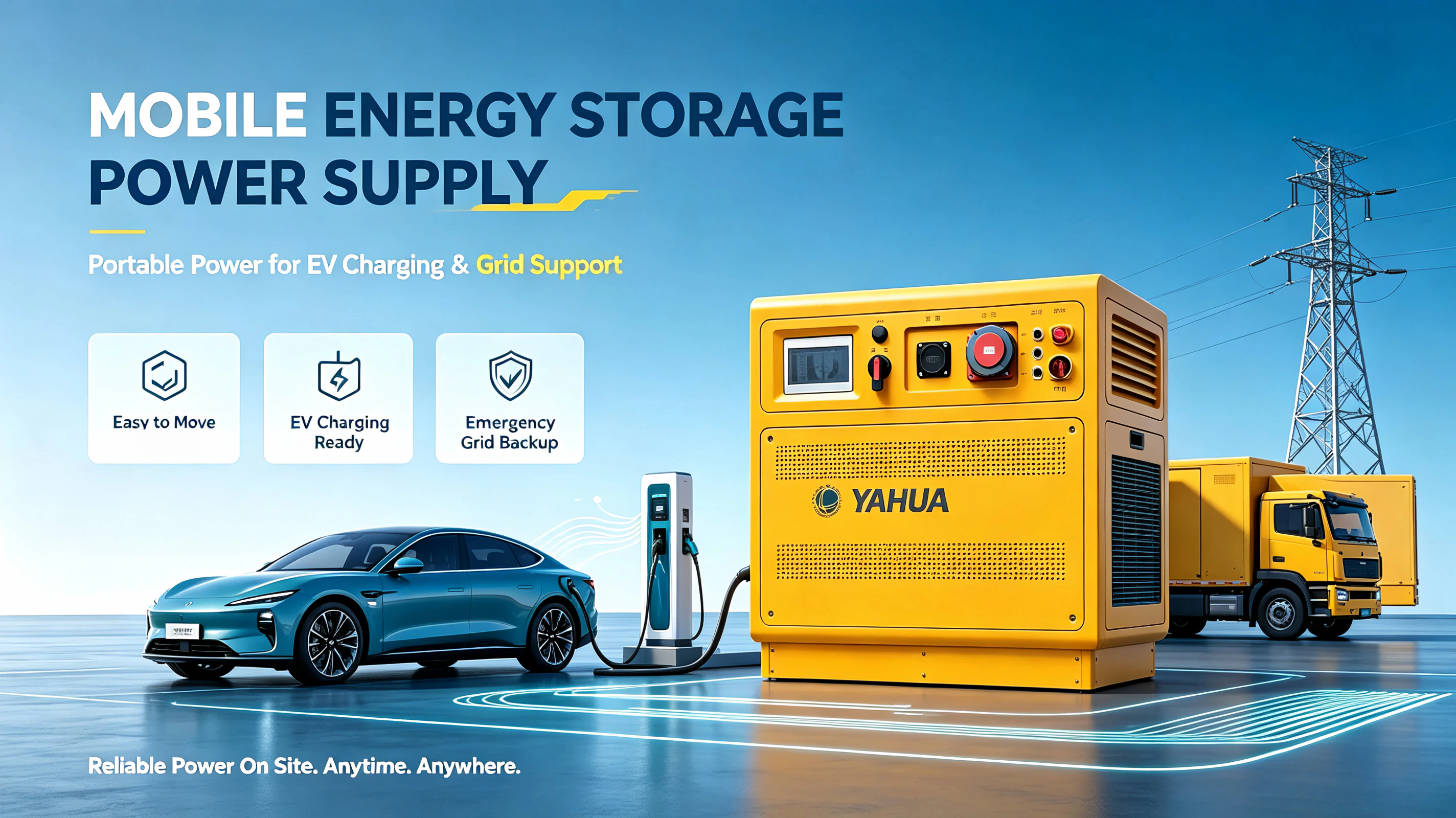 Concept illustration of a mobile battery energy storage power supply supporting vehicles and temporary operations