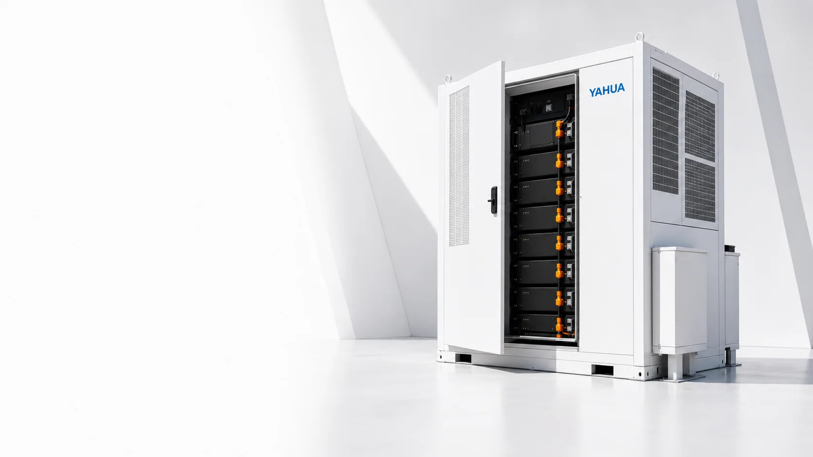 Open YAHUA energy storage cabinet showing battery modules