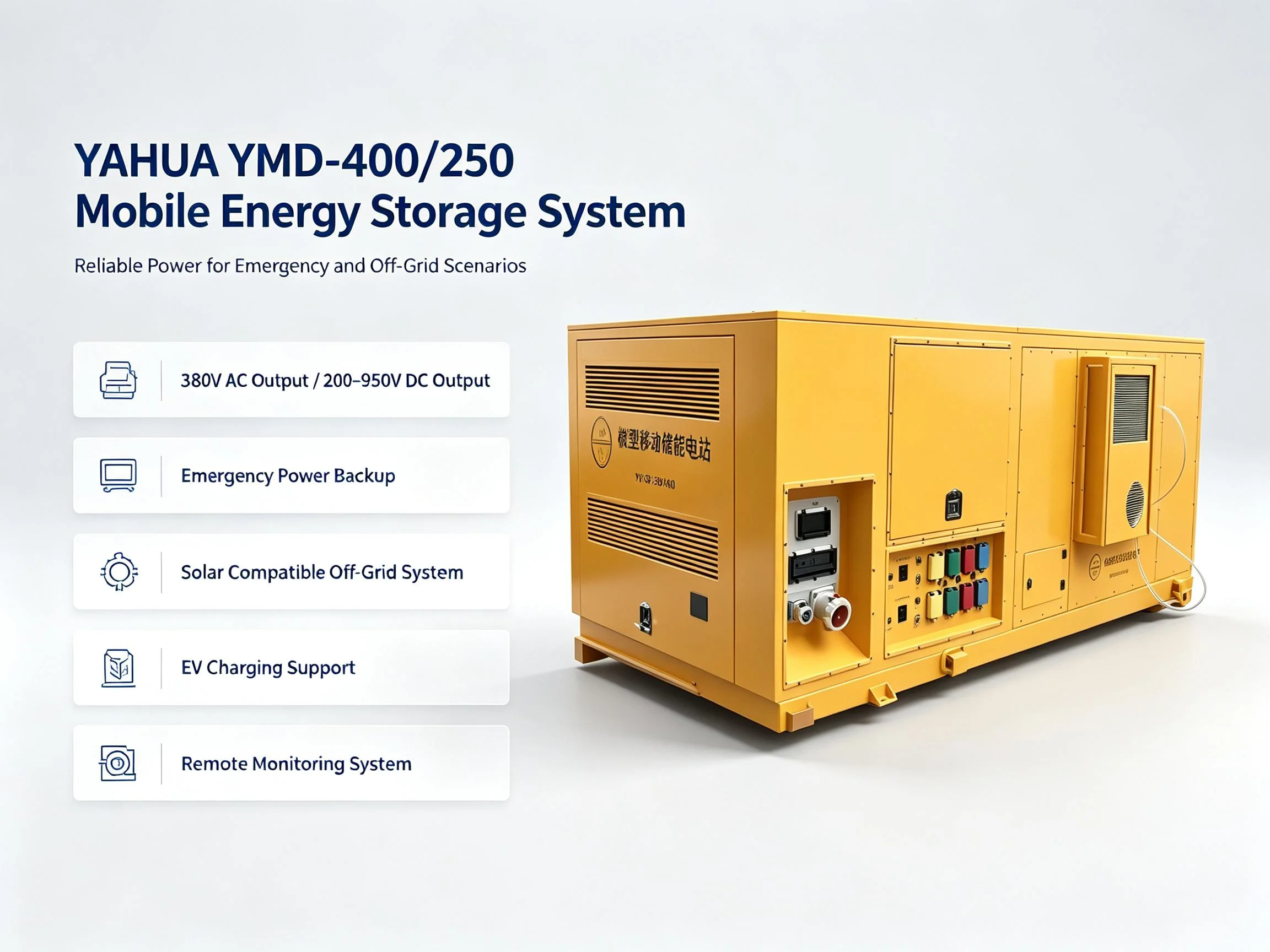 YAHUA mobile energy storage system with AC and DC output, emergency backup, solar off-grid, EV charging and remote monitoring capabilities