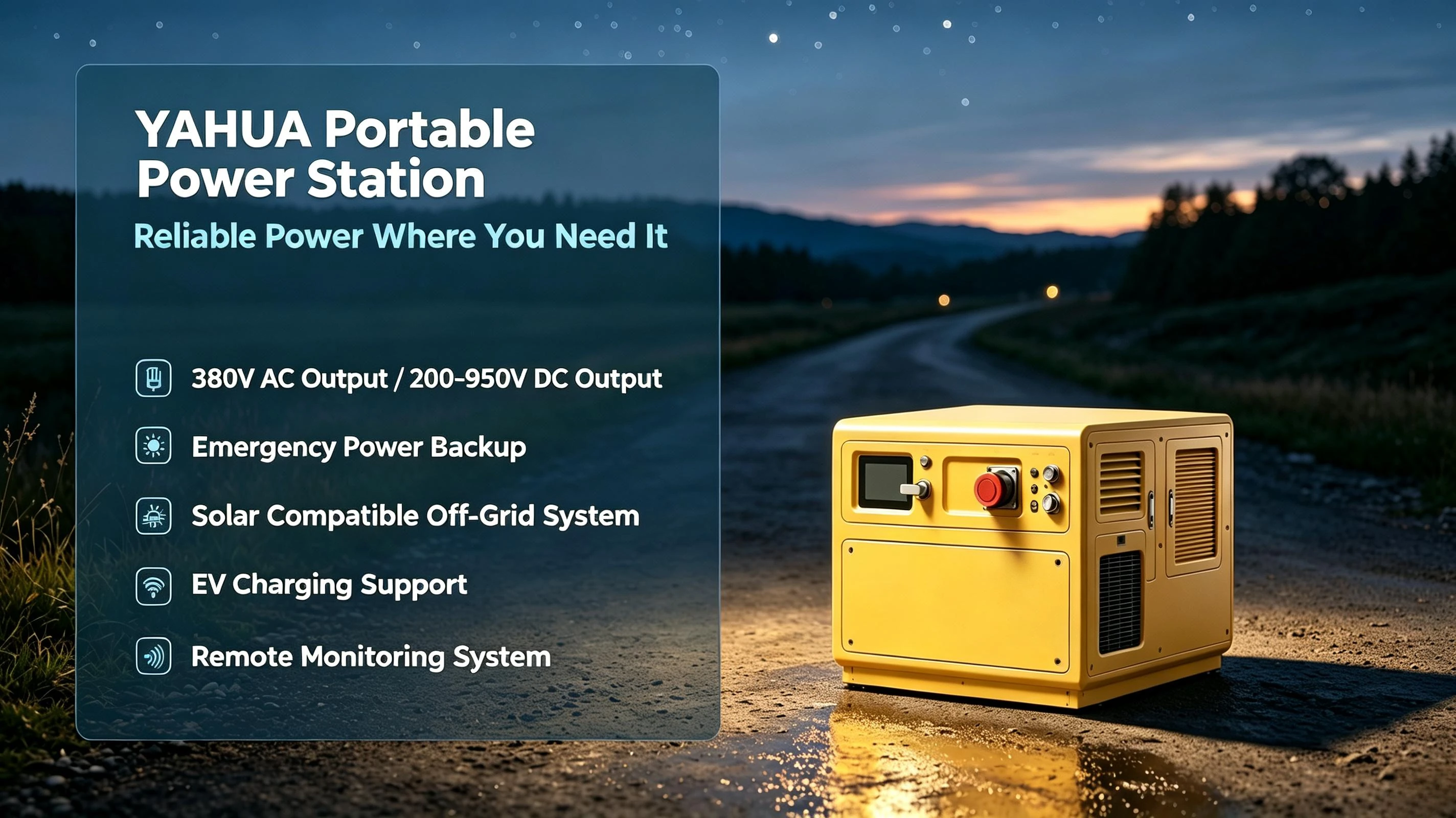 YAHUA mobile energy storage system with AC and DC output, emergency backup, solar off-grid, EV charging and remote monitoring capabilities