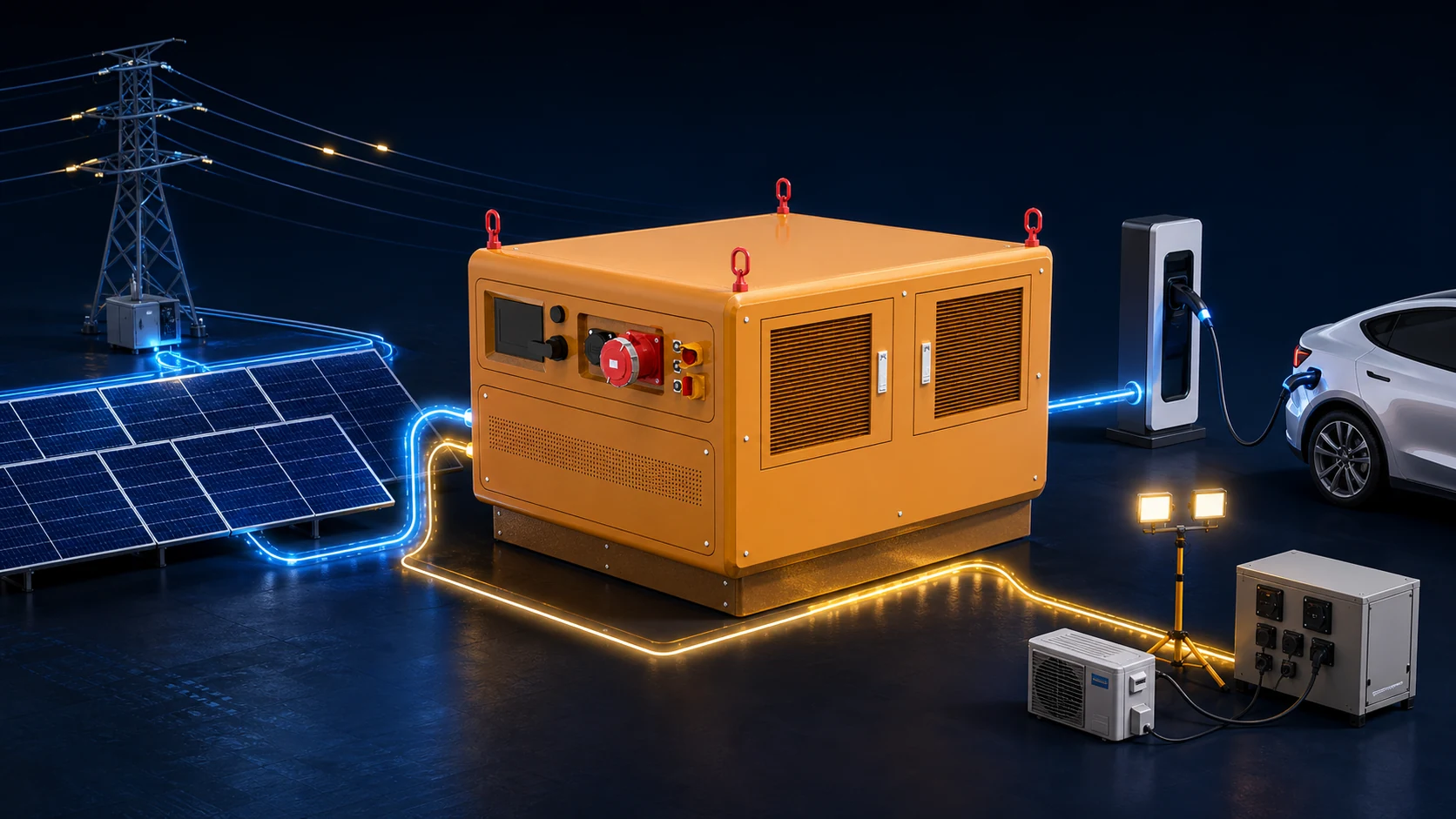 YAHUA mobile energy storage system connected to the utility grid and solar input while supplying AC loads and DC vehicle charging