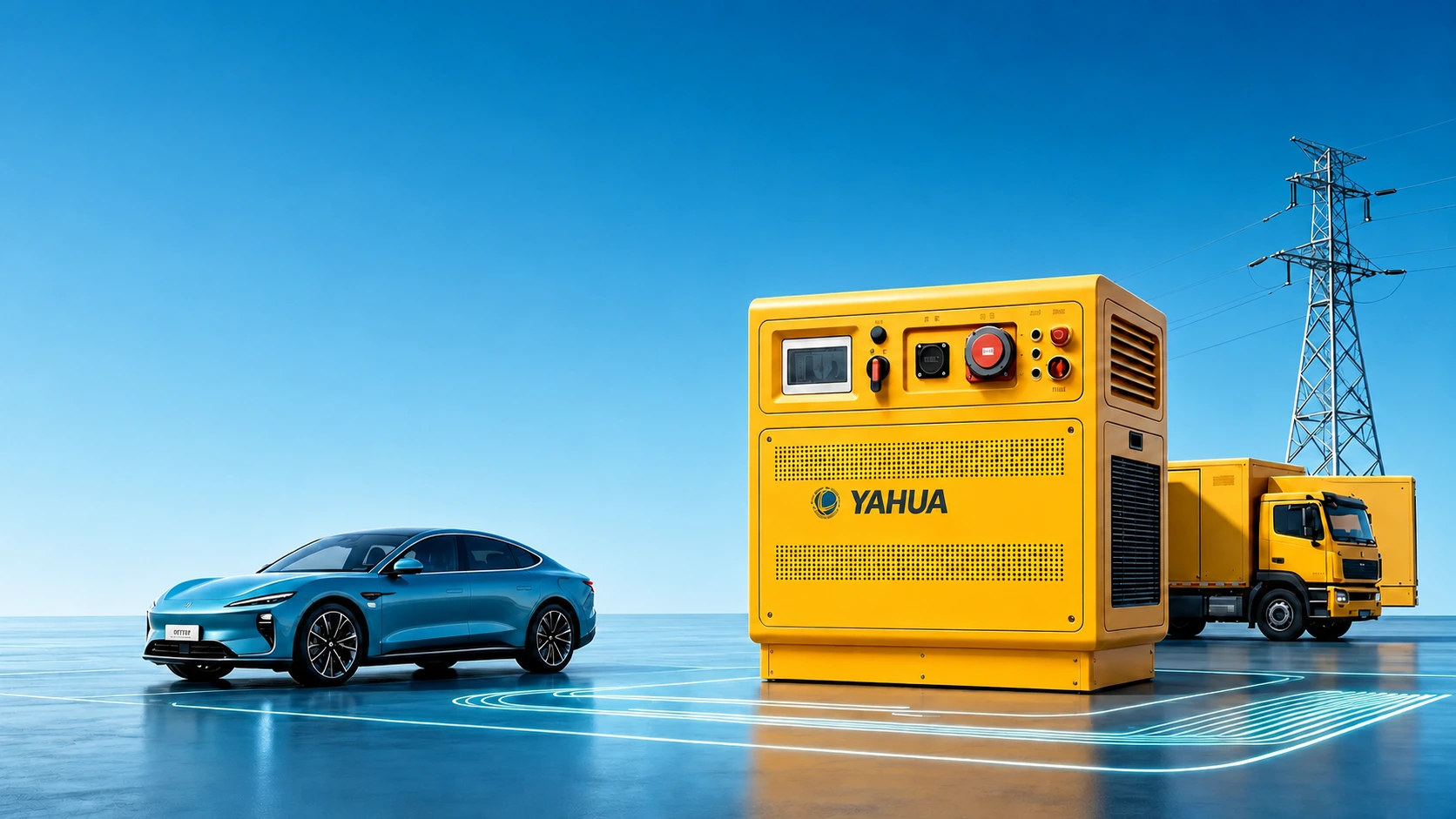 YAHUA mobile energy storage system supporting an electric car and mobile service truck beside the power grid
