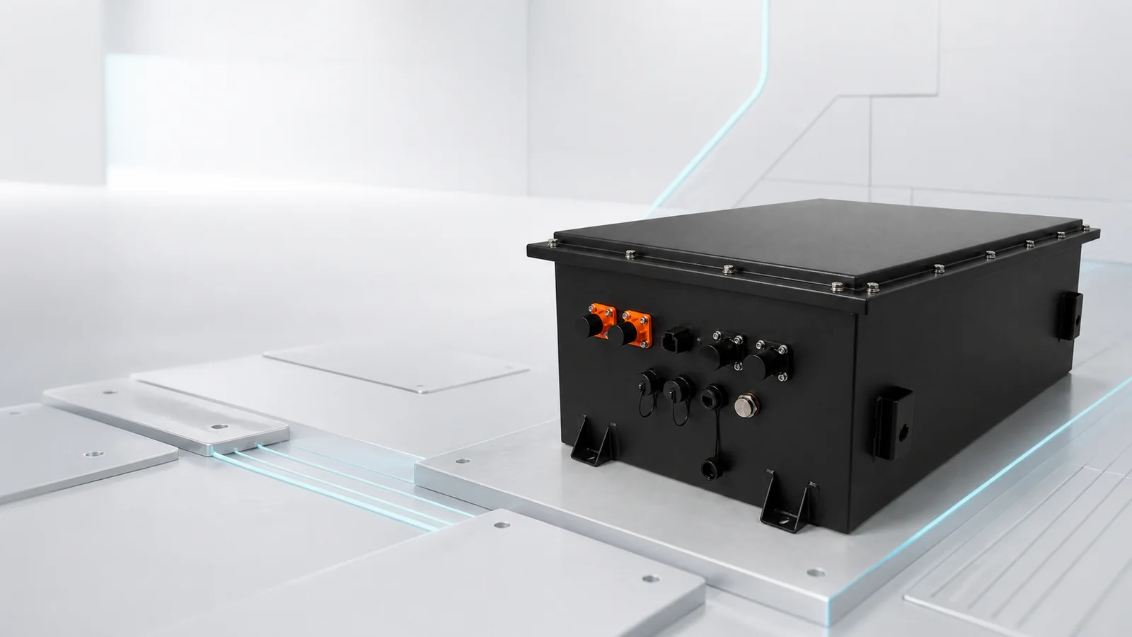 Conceptual vehicle-integration studio view with a BYH512300AH battery and golf-cart platform