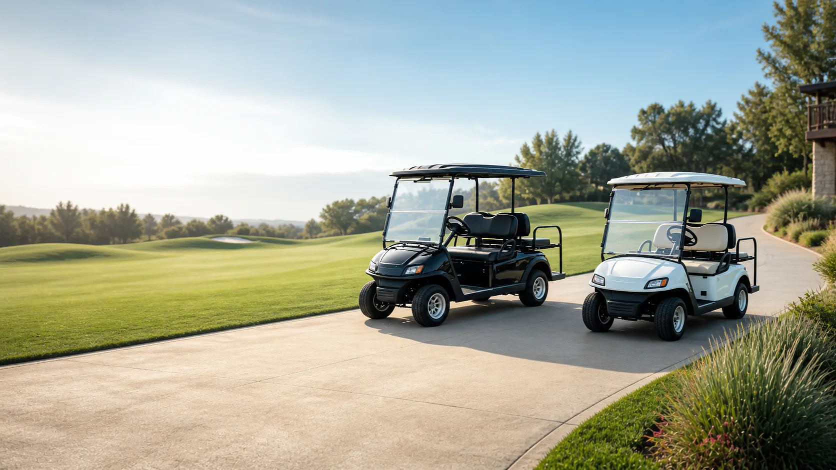 Electric golf carts on a landscaped resort course pathway