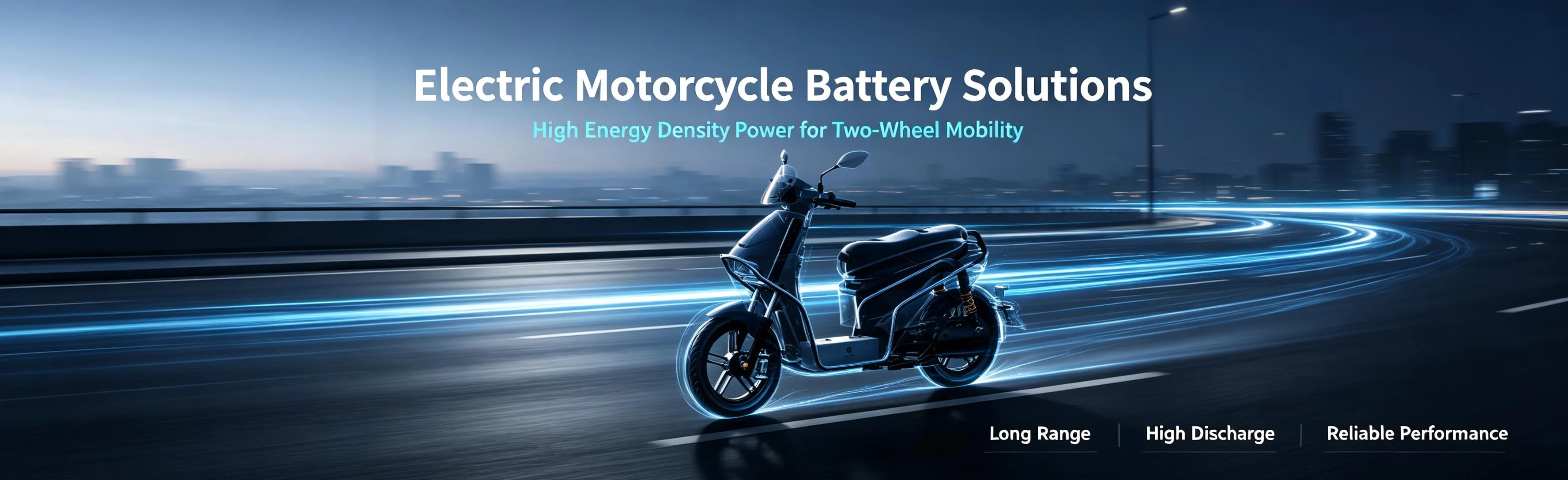 Electric motorcycle traveling through a city at night with the message Electric Motorcycle Battery Solutions