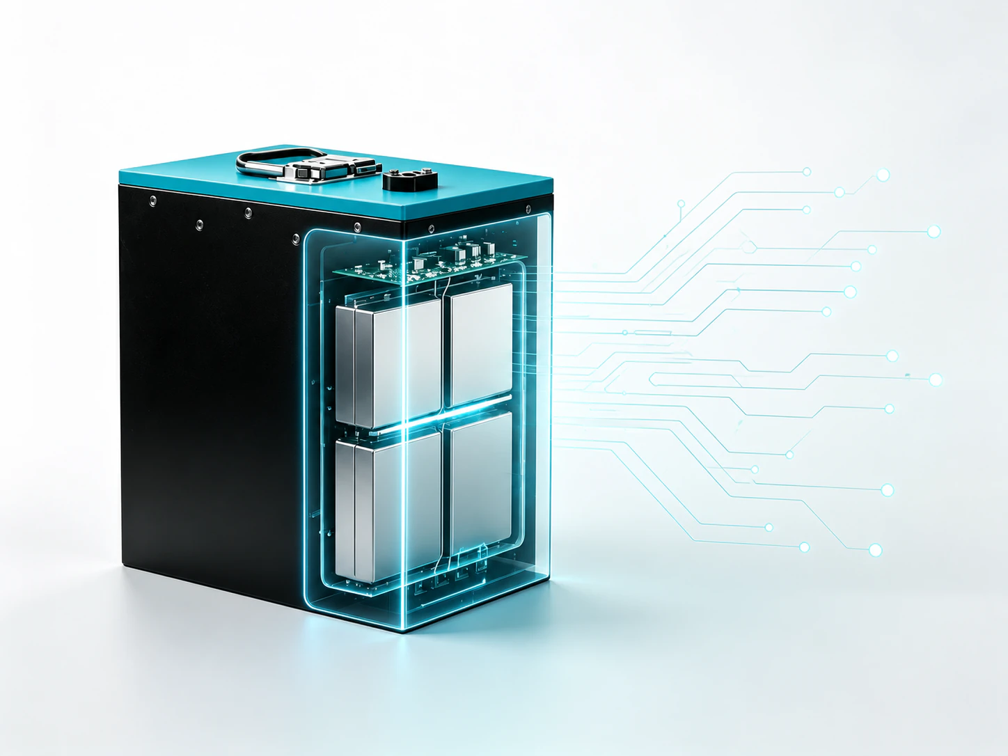 Conceptual cutaway view of the YAHUA 60V 30Ah battery showing prismatic cells and battery management electronics