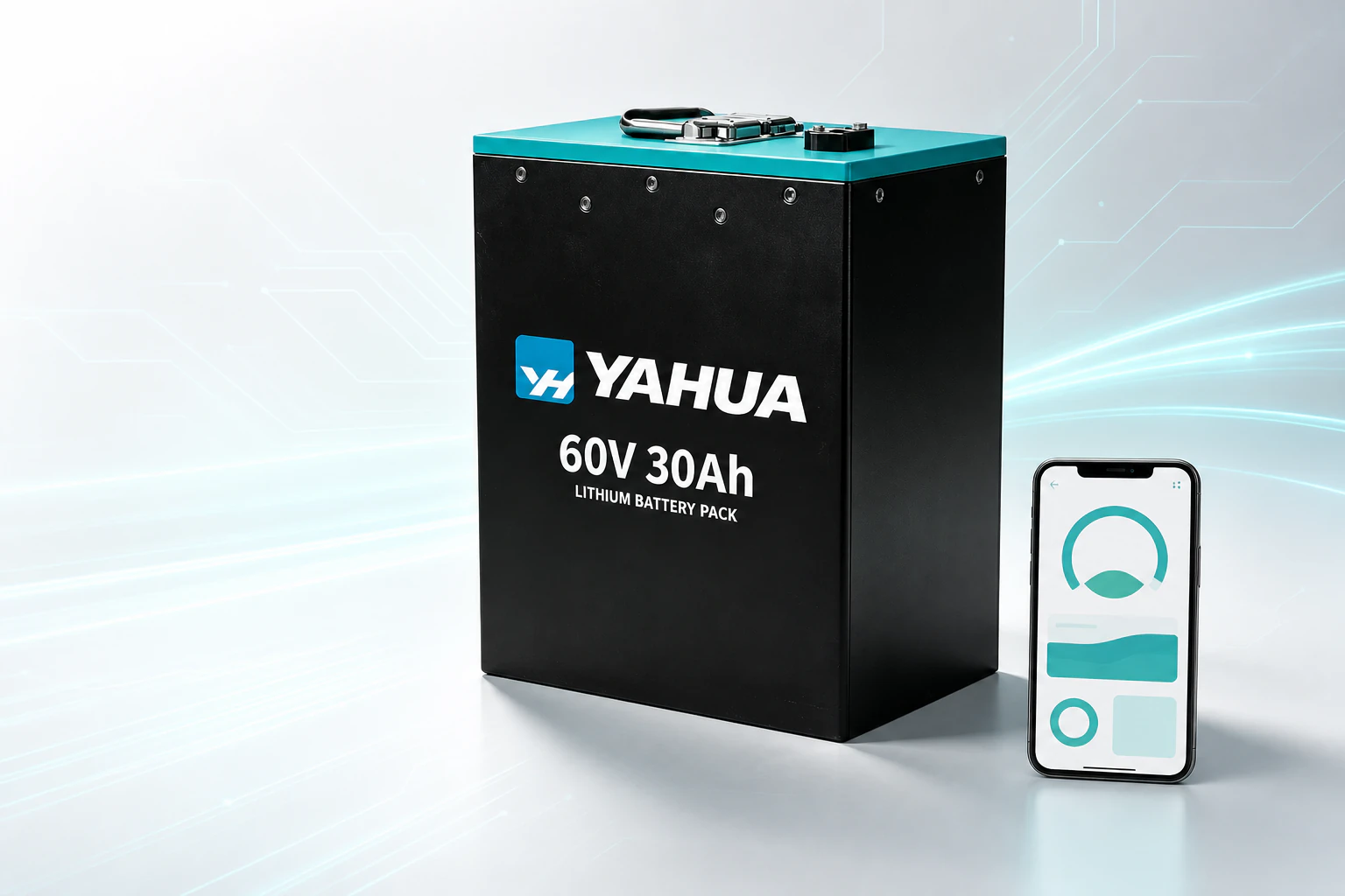 YAHUA 60V 30Ah e-bike battery beside a single mobile monitoring interface