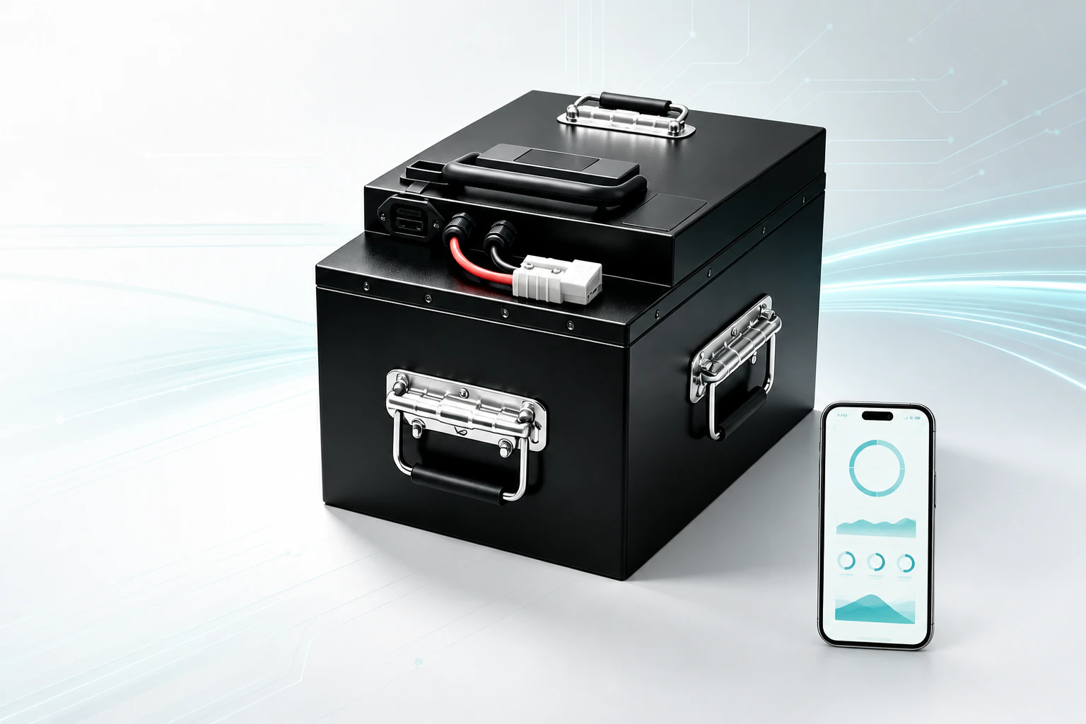 YAHUA 60V 45Ah e-bike battery beside a single mobile monitoring interface