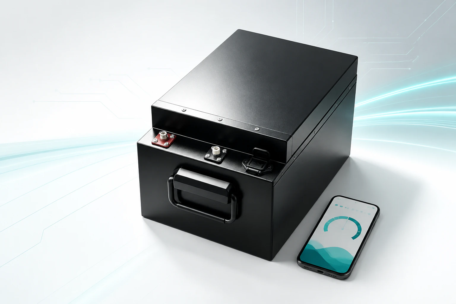 YAHUA 60V 60Ah e-bike battery beside a single mobile monitoring interface
