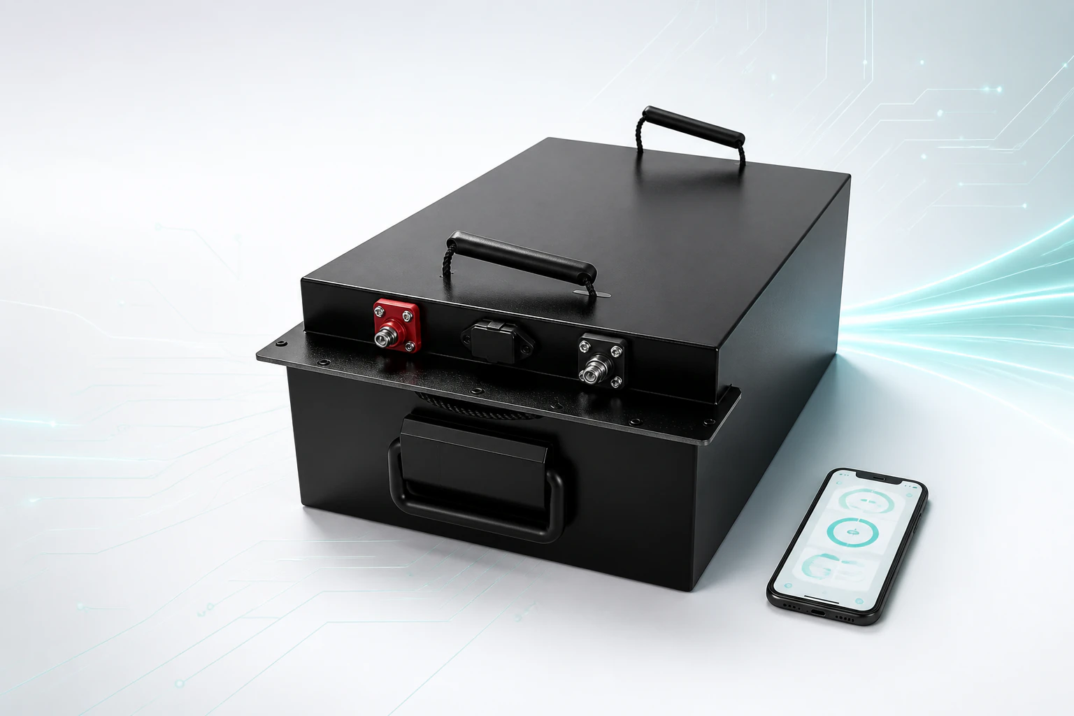 YAHUA 64V 60Ah e-bike battery beside a single mobile monitoring interface