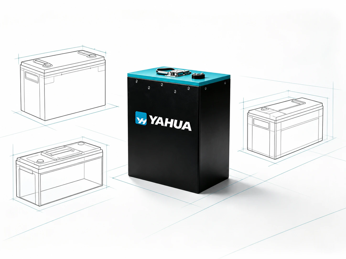 YAHUA battery surrounded by clean enclosure sketches for customizable electric two-wheel battery projects