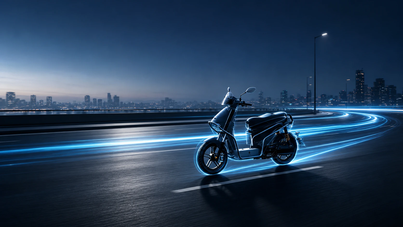 Electric two-wheel vehicle traveling along a city road at night with blue motion trails