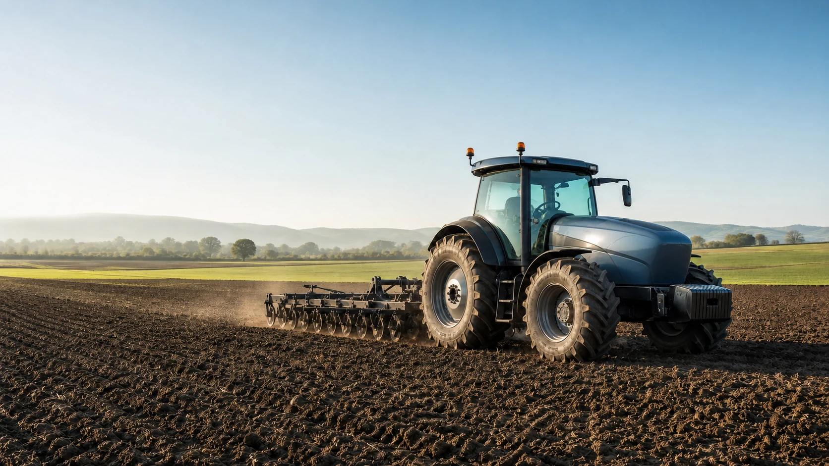 Electric tractor working in a prepared agricultural field