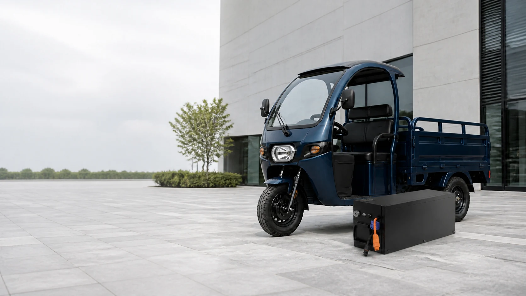 Electric cargo tricycle beside a rectangular YAHUA motive battery pack in a modern commercial courtyard