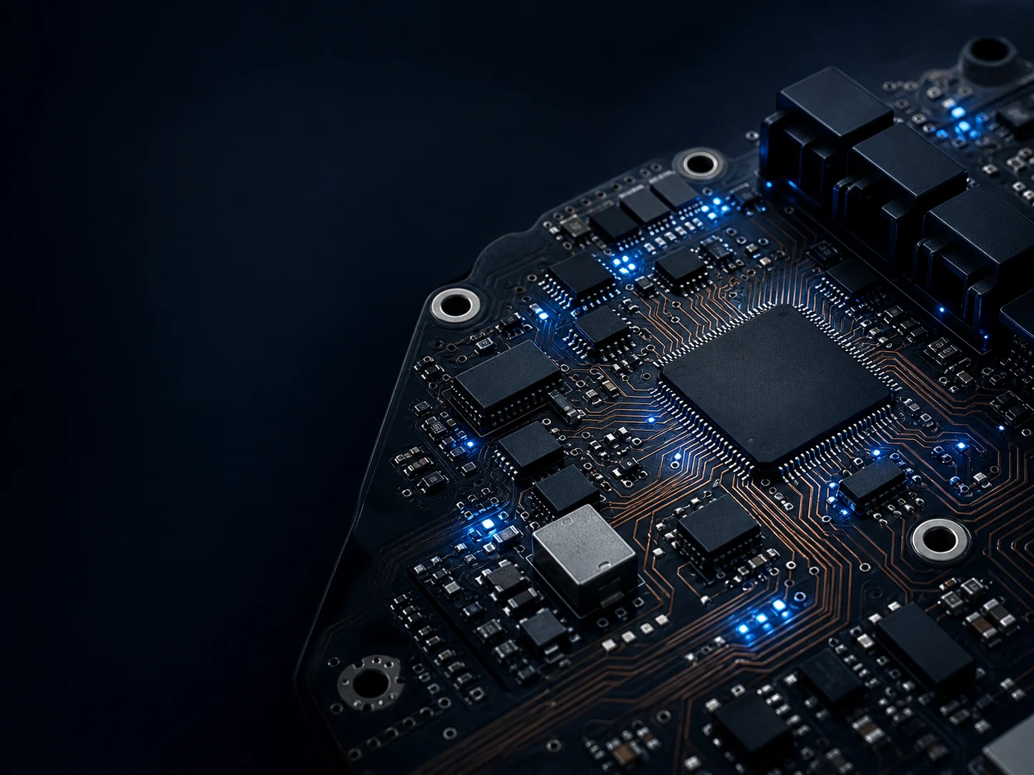 Close-up of a lithium battery management system circuit board and protection controller
