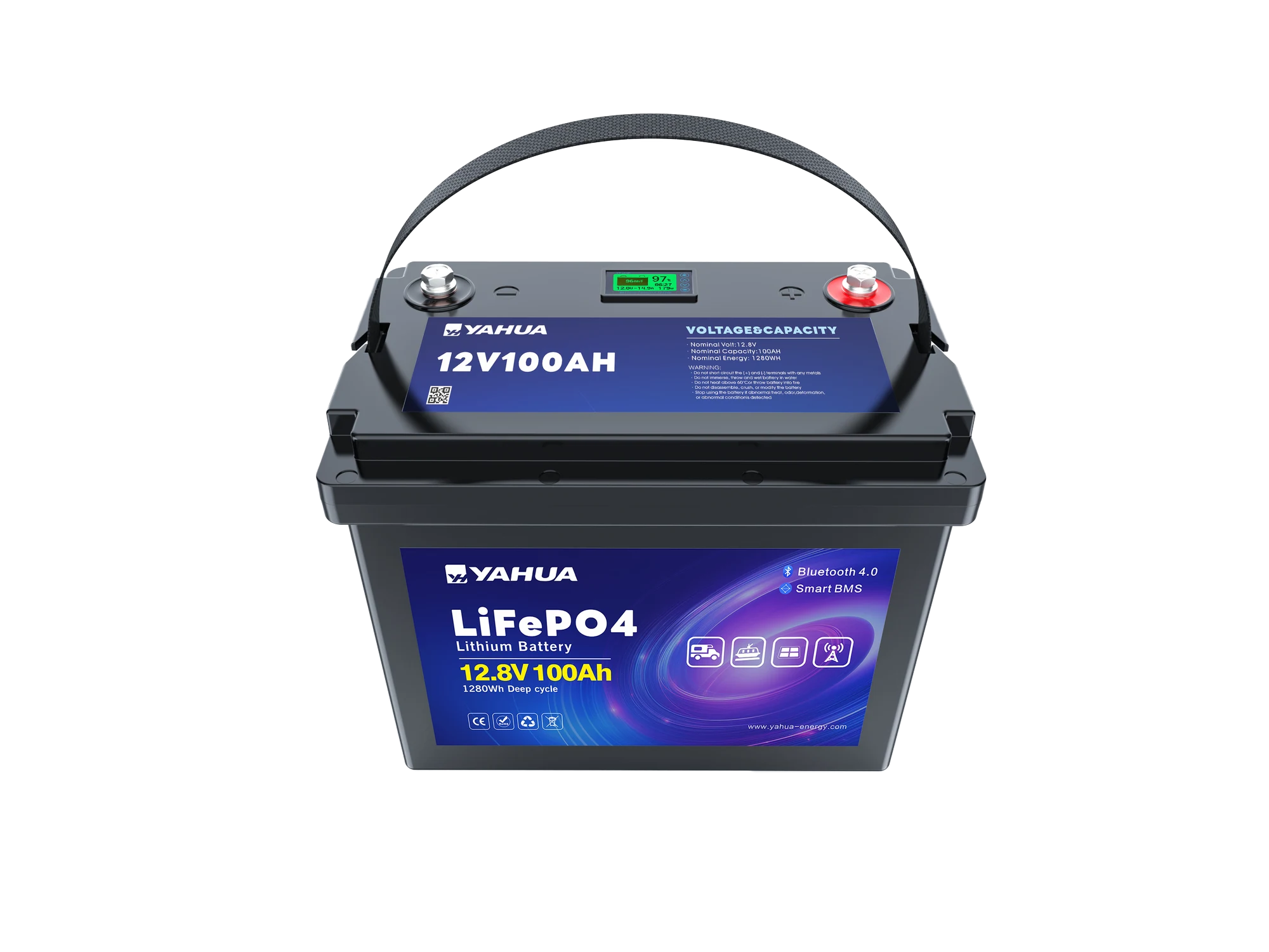Front view of the YAHUA BYH12100 12.8V 100Ah LiFePO4 battery