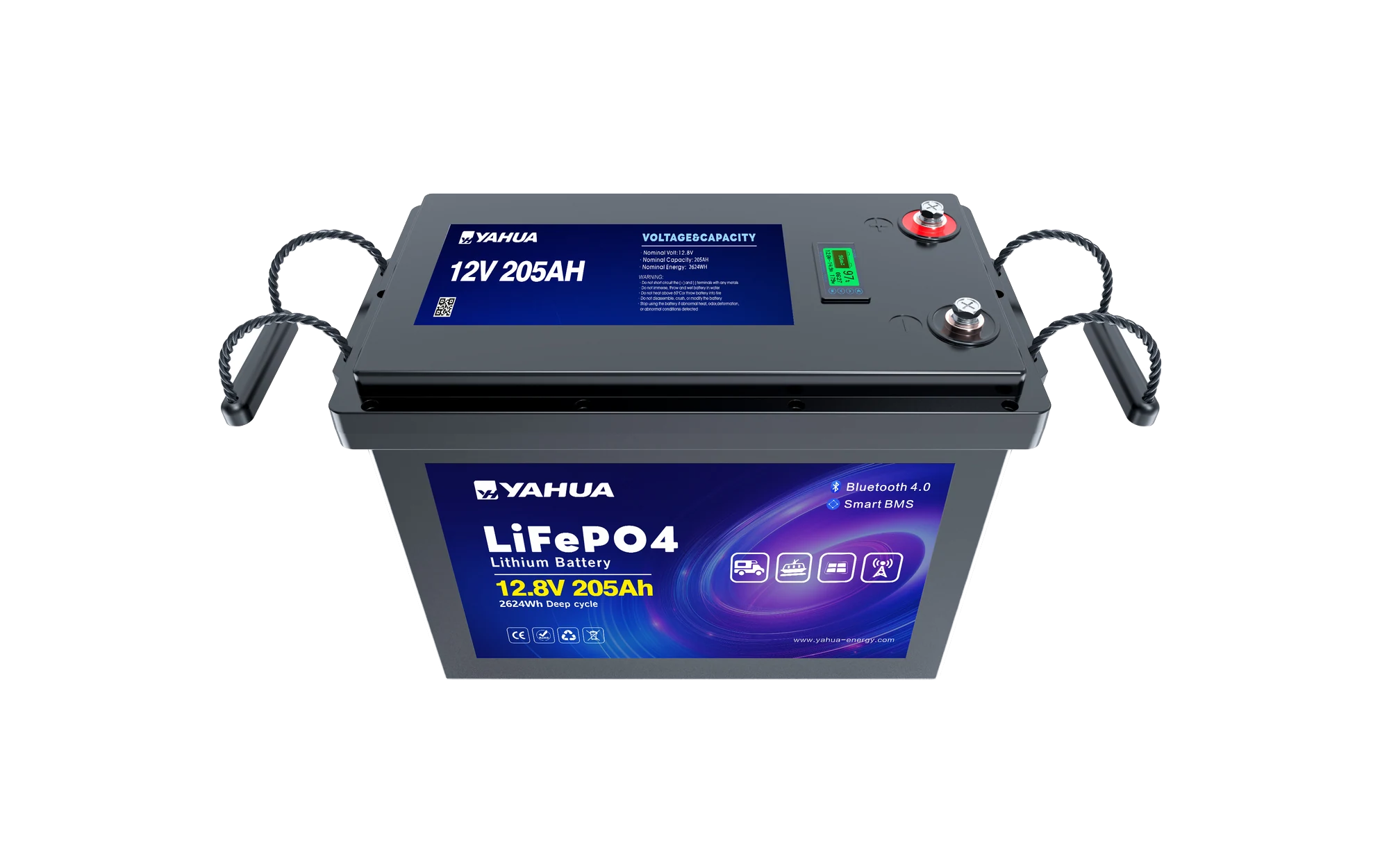 Front view of the YAHUA BYH12200 12.8V 205Ah LiFePO4 battery