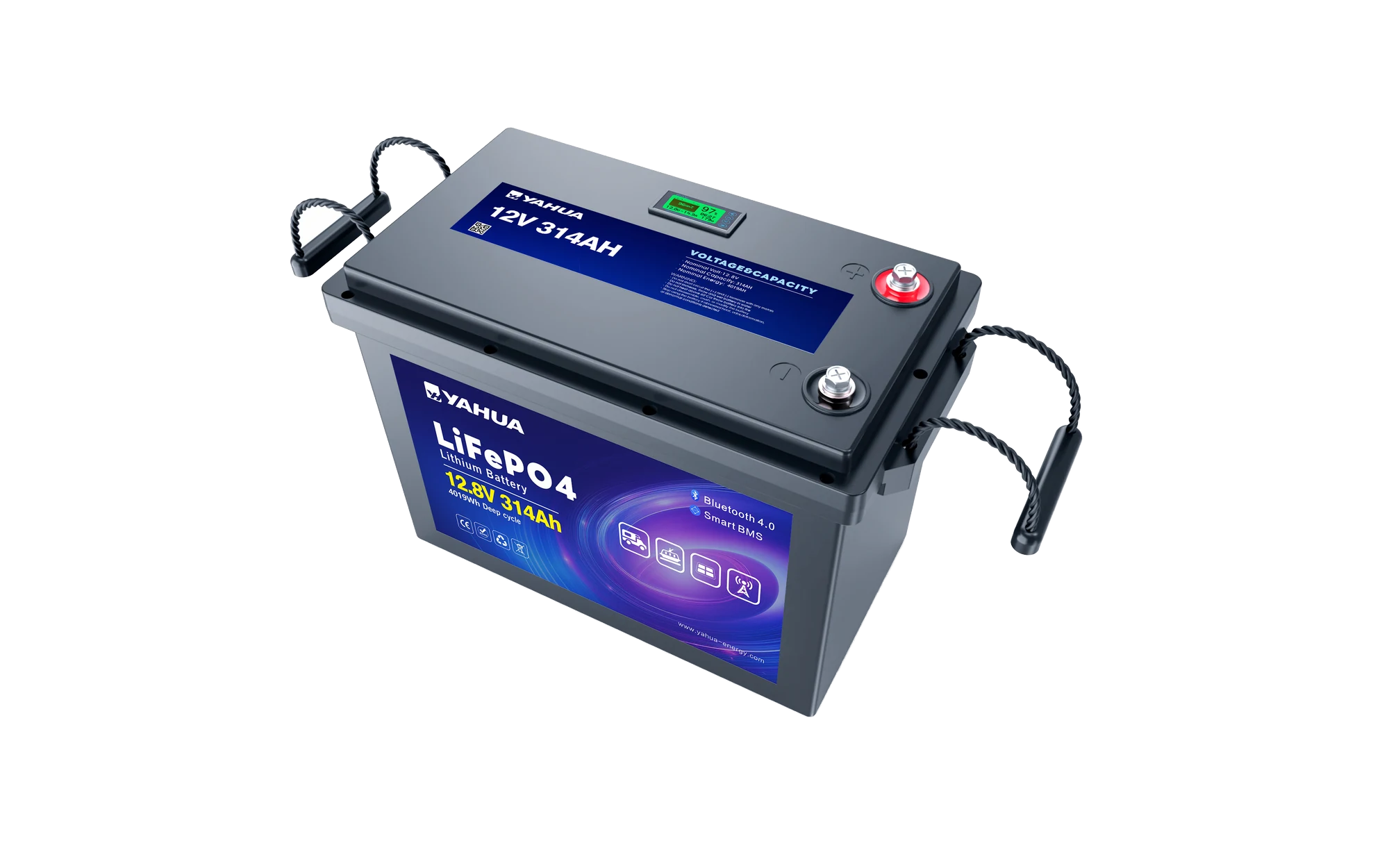 Alternate front view of the YAHUA BYH12314 12.8V 314Ah LiFePO4 battery