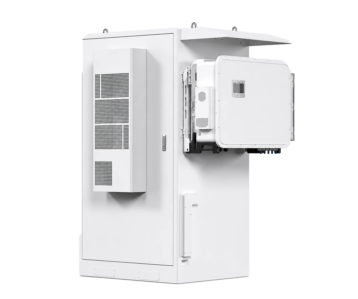 Open YAHUA Y241 outdoor energy-storage cabinet with battery modules and externally mounted power-conversion equipment visible