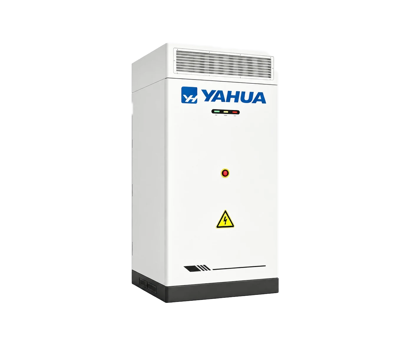 Open YAHUA Y261 outdoor energy-storage cabinet with battery modules and liquid-cooling equipment visible
