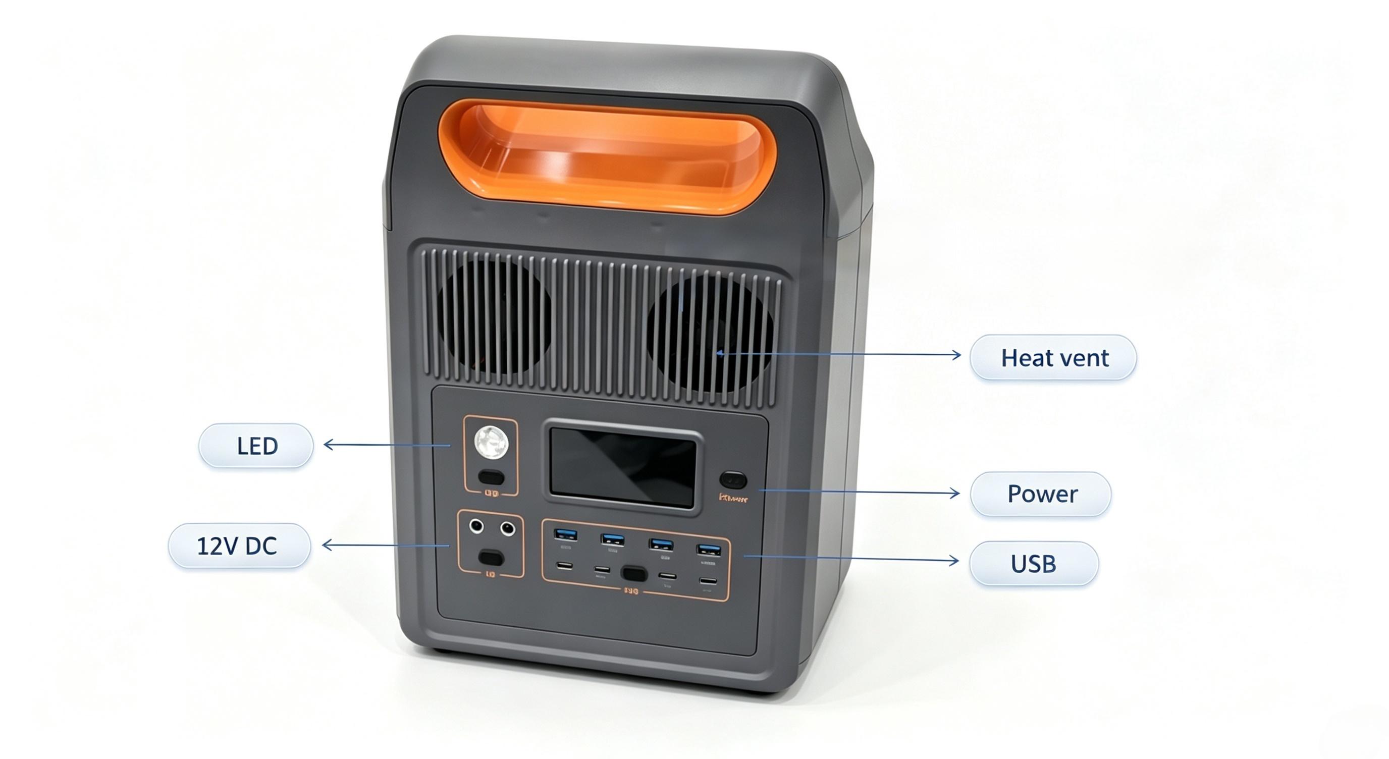 Front interface with LED light, display, power control, 12V DC ports and USB connections