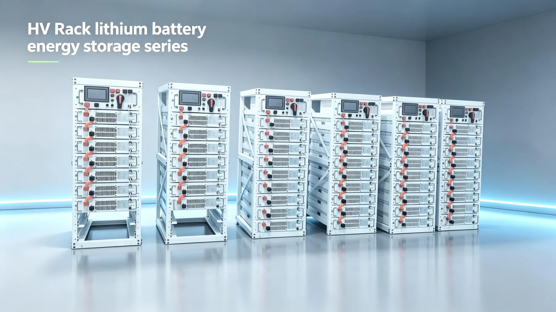 Lineup view of five HVB100K family rack configurations with different module counts