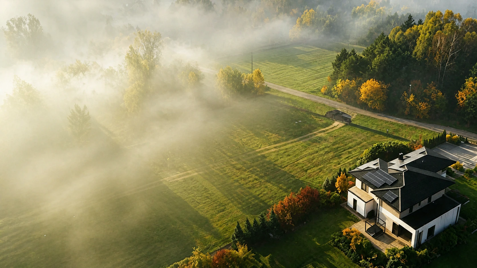 Aerial view of a solar-powered home surrounded by fields and autumn trees
