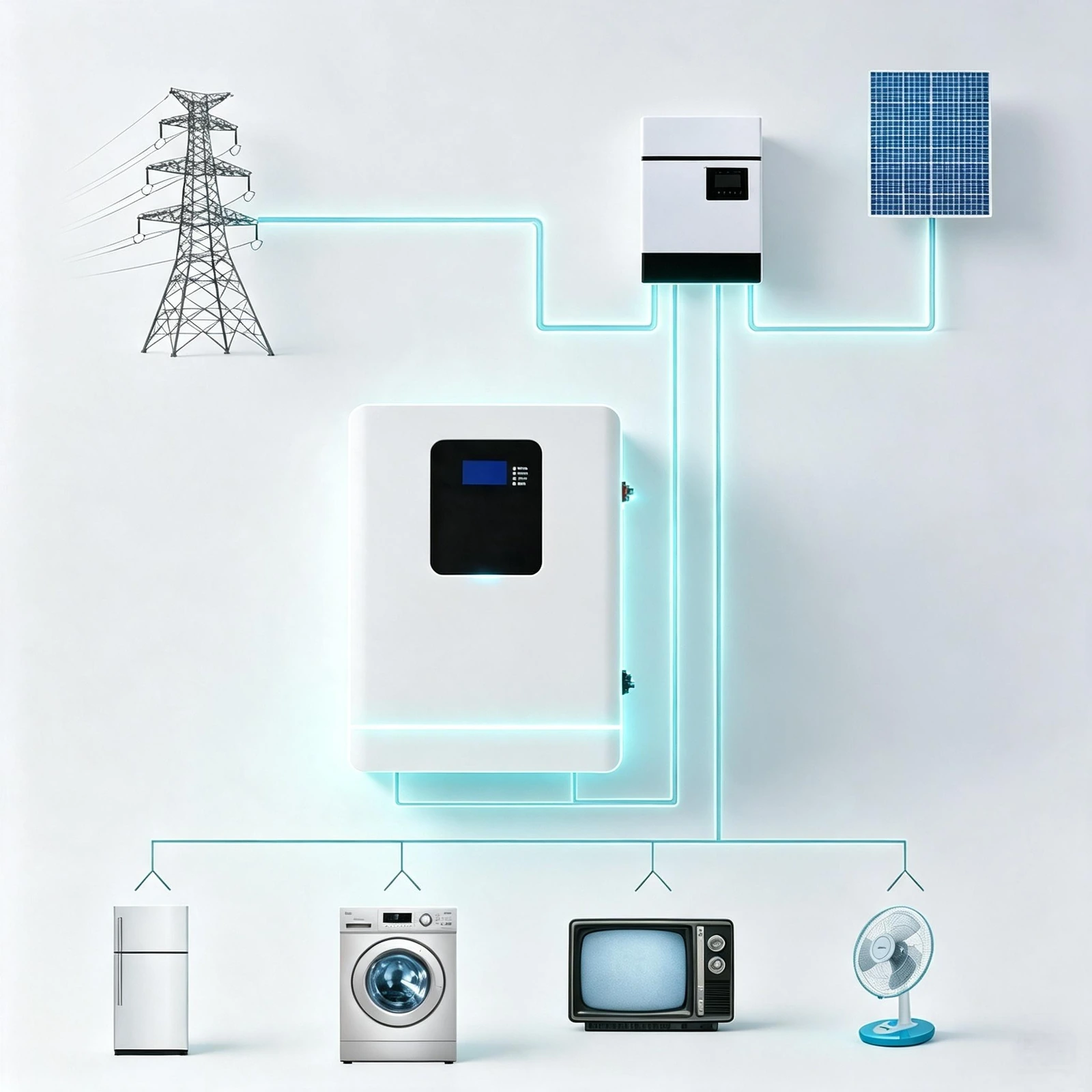 Residential solar, inverter and battery system diagram