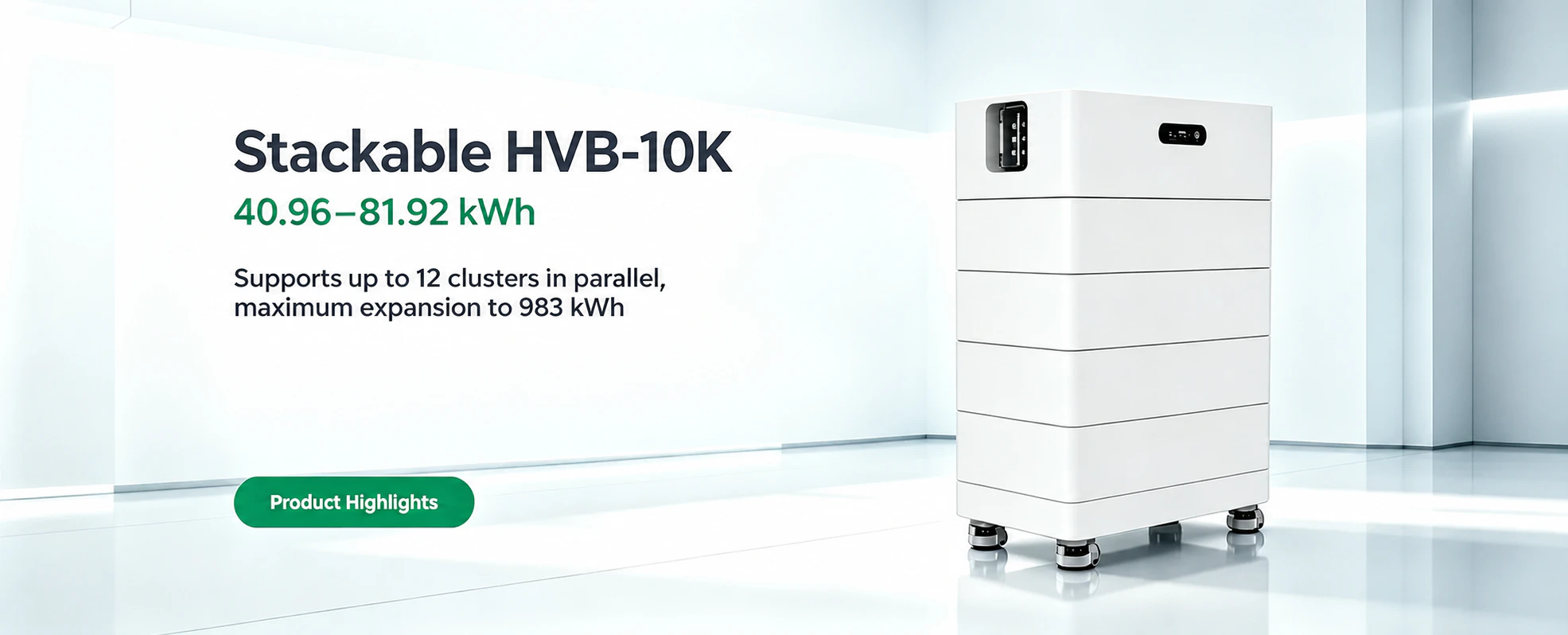 Stackable HVB-10K system presentation showing a 40.96 to 81.92 kWh range and support for up to 12 parallel clusters