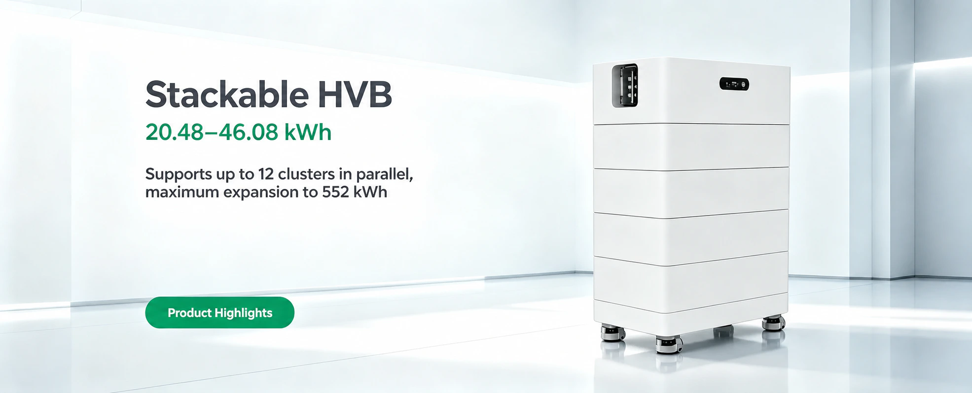 Stackable HVB-5K system presentation showing a 20.48 to 46.08 kWh range and support for up to 12 parallel clusters